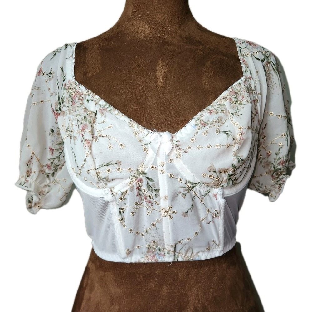 Corset Crop Top‎ Size Small White Floral  Cottage Fairy Coquette Eyelet